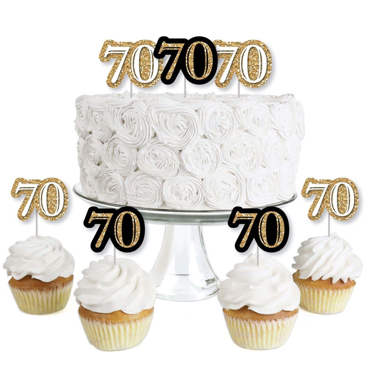 Big Dot of Happiness Adult 70th Birthday - Gold - Dessert Cupcake Toppers - Birthday Party Clear Treat Picks - Set of 24